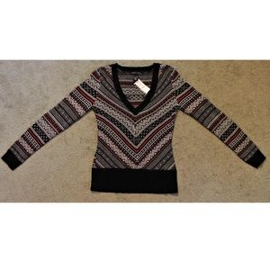 black, red, gray New York & Company sweater.